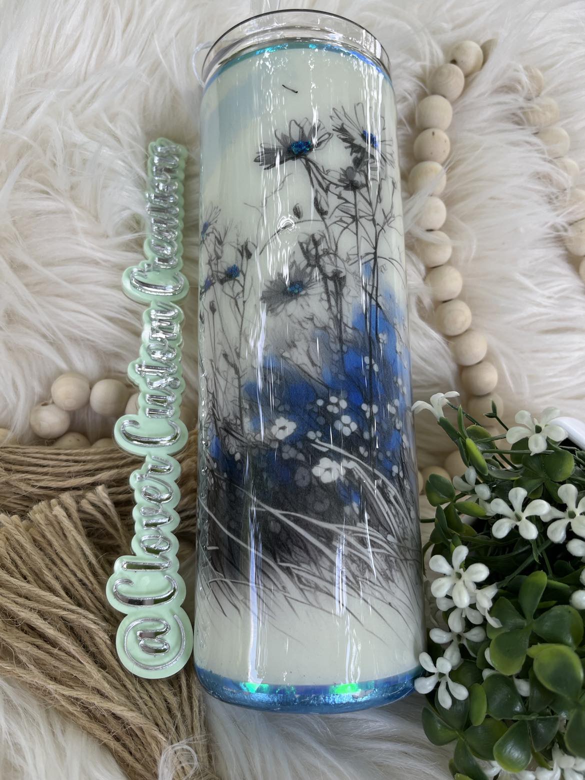 20oz Believe In Yourself Blue Flowers Skinny Tumbler