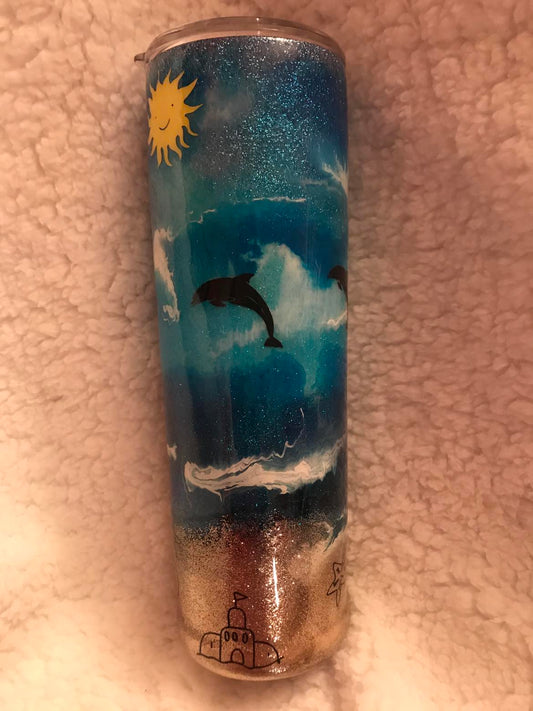 30oz Skinny Dolphins and Beach Alcohol Ink Tumbler